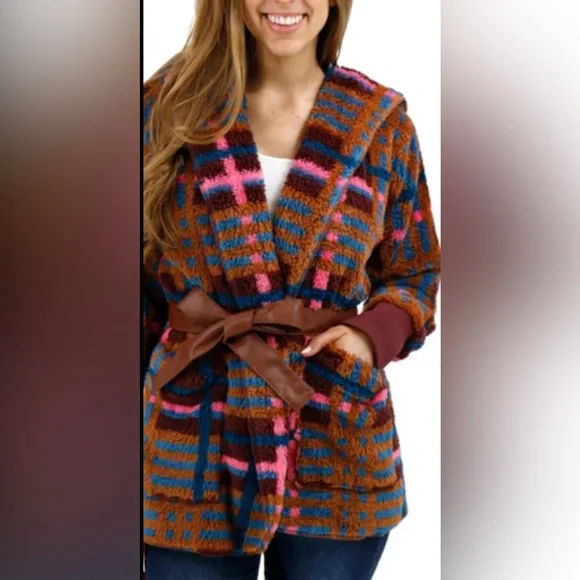 Fleece Jewel Plaid Wrap Jacket | Multi Fleece Plaid Wrap Jacket L/XL - Picture 10 of 12